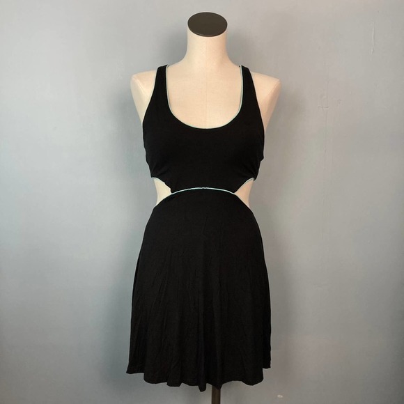VICTORIA'S Secret Cutout Racerback Mini Skater Dress Black Turquoise Trim Size M - Picture 1 of 14